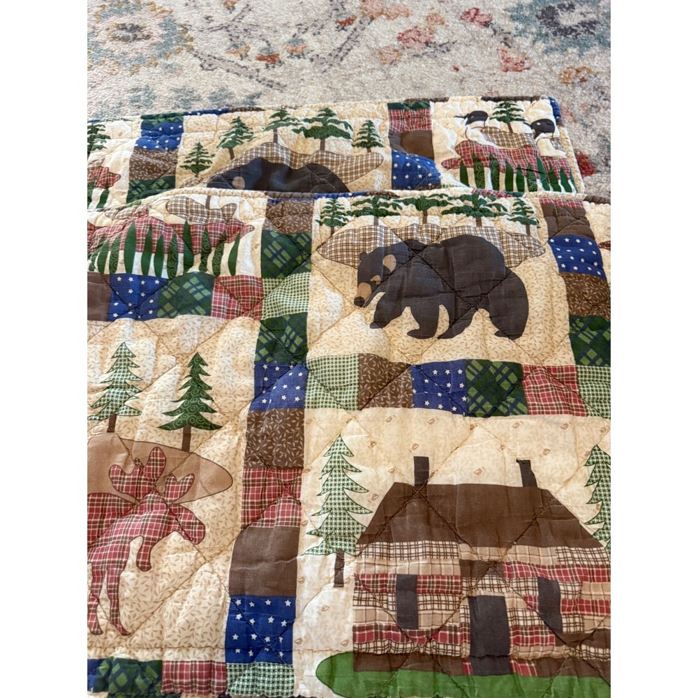 Vintage Cabin Quilted Pillow Sham Bear Moose Lodge Patchwork Rustic